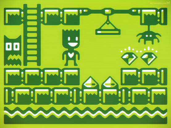 Game Boy style screen colors showing artwork of an imaginary platform game.