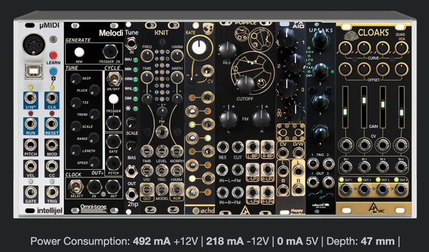 Intellijel µMIDI interface,  Omni-tone Melodi sequencer, 2HP Tune quantizer, After Later Audio Knit (Plaits clone) macro-oscillator, Divkid Øchd LFOs, After Later Audio Popple stereo filter, FX Aid stereo effects, CalSynth uPeaks multi-function envelope generator etc., After Later Audio Cloaks (Veils clone) quad VCA