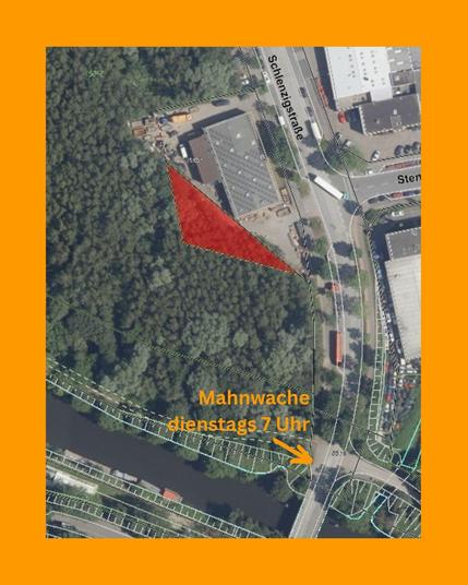 Eine Karte zeigt das betroffene Gebiet, südwestlich angrenzend an BM-Bau.

Die Ecke Schlenzigstraße zum Honartsdeicher Weg am Kanal ist mit einem Pfeiler gekennzeichnet "Mahnwache dienstags 7 Uhr".