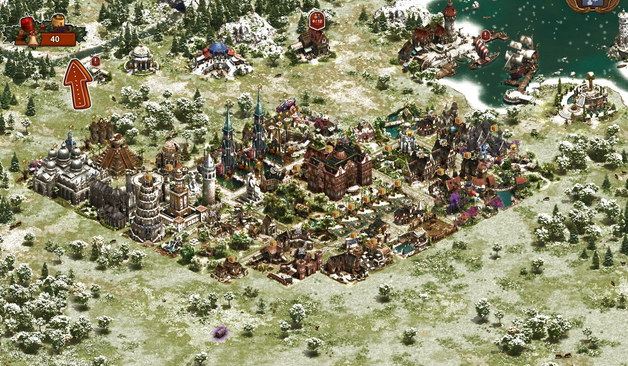 Screenshot von FoE mit Schneefall, man sieht eine Stadt im Mittelalterstil mit diversen Bauten. Oben rechts eine Bucht mit Hafen. Im unteren Bereich ist alles Wiese mit gelegentliche Bäume.