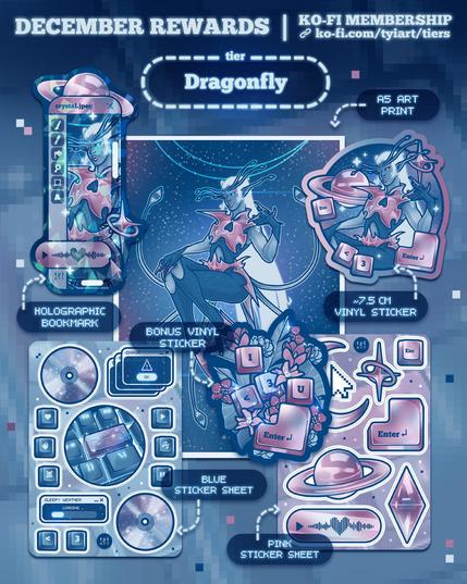 Digital mockup of physical rewards consisting of an art print, two sticker sheets, two vinyl stickers and a holographic bookmark; "December rewards; tier: Dragonfly; ko-fi.com/tyiart/tiers"