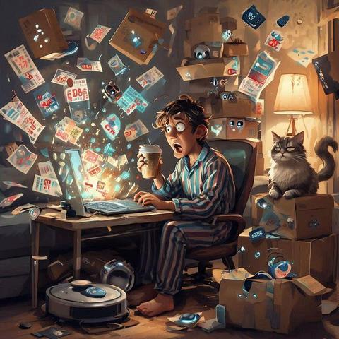 Un hombre con pijama a rayas está sentado en un escritorio, mirando fijamente a su portátil con una expresión de terror o sorpresa mientras sostiene una taza de café. Alrededor de su cabeza y de la pantalla, una multitud de papeles, cupones y folletos publicitarios flotan en el aire, como si estuvieran saliendo de la computadora, creando una atmósfera de caos digital y correo basura. Un gato gris y esponjoso está sentado de forma imperturbable sobre una pila de cajas de cartón a la derecha, observando la escena. En el suelo, un robot aspirador contribuye al desorden general.