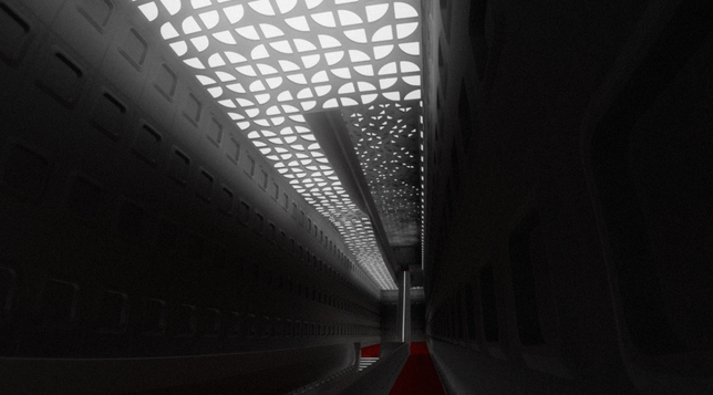 A screenshot of the game showcasing a large brutalist hall with layered floors