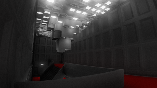 A screenshot of the game showcasing a small brutalist room with stylized concrete ceiling lamp.