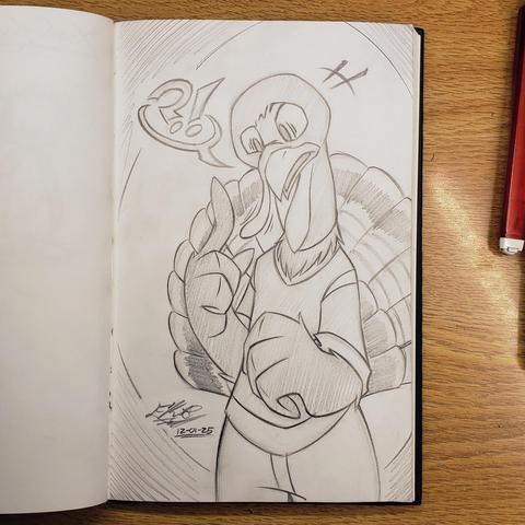 Photo of my sketchbook. On the page is a very confused anthro Turkey in jeans and a generic looking jersey. They weren't always a Turkey but, thanks to eating too much of the stuff, they are one now. They are baffled by their new anatomy and are confused by their snood - the fleshy bit hanging from their head and over their beak.