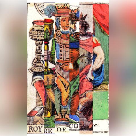 The King of cups card from the Cryptica Tarot. It is depicted as six vertical slices of 6 different historical king of cups cards. Because of how standardized the imagery was, each card depicts a bearder man, holding a large goblet in the right hand, with the left hand in a horizontal across the belly pose. The knees of the legs are splayed outwards, and the face has a serene grin. The six strips are only roughly aligned, but stil show that the pose carries over through all six different decks.