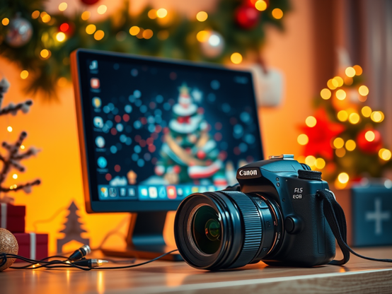 Image of a desktop computer and camera with Christmas decoration and festive lights..