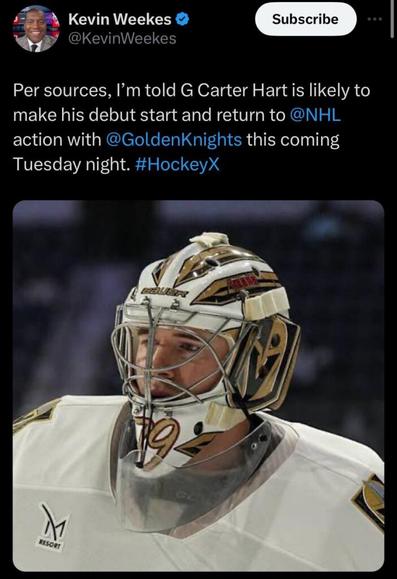 [Weekes] Per sources, I’m told G Carter Hart is likely to make his debut start and return to NHL action with GoldenKnights this coming Tuesday night