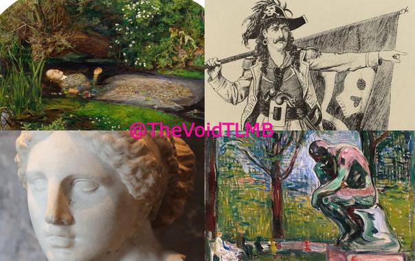 Collage of 4 images: Millais' Ophelia; The Pirate King; the Aphrodite of Knidos; Munch's painting of The Thinker
