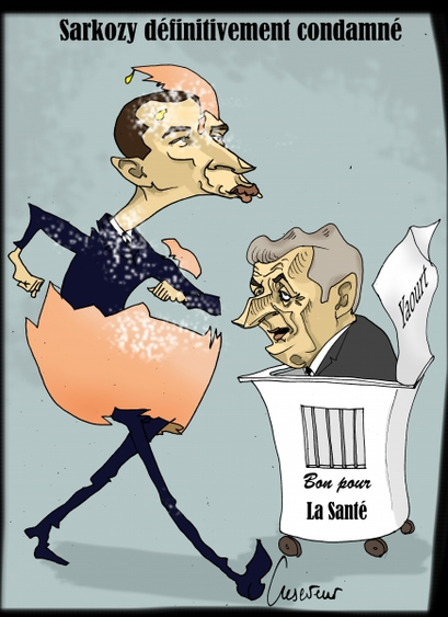 Caricature de Sarkozy dans un pot de yaourt "Bon pour la Santé" qui lui sert de véhicule, croise Bardella dans une coquille d'œuf et enfariné.
