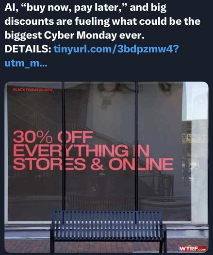 A storefront window displays a promotion reading "30% OFF EVERYTHING IN STORES & ONLINE" in large, bold pink letters. Below the text, a bench is visible in front of the window. The top of the image mentions AI, "buy now, pay later…