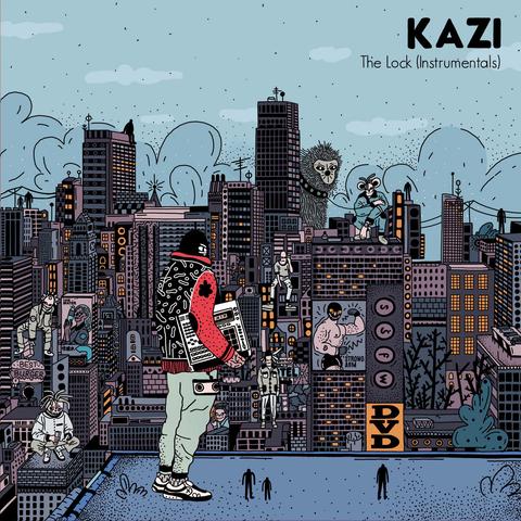 Album cover of The Lock (Instrumentals) by Kazi. A stylized city spreads across the frame, filled with miniature characters, creatures, and posters that give each building personality. A lone artist holding a sampler overlooks the scene from a rooftop. The muted palette and intricate comic-style details make the artwork feel dense, surreal, and full of hidden stories.