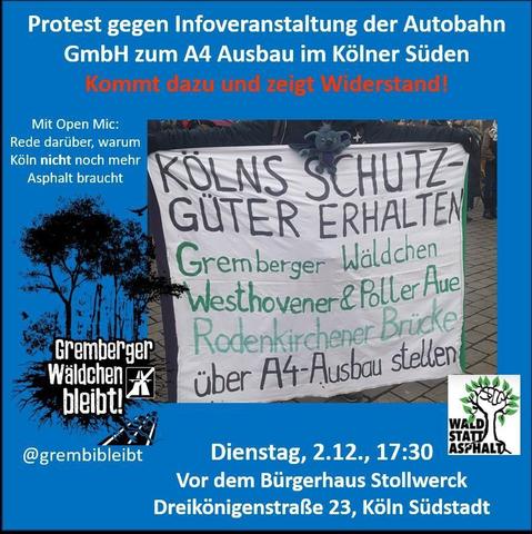 Protest gegen Infoveranstaltung der Autobahn GmbH zum A4 Ausbau im Kölner Süden

Kommt dazu und zeigt Widerstand!

mit Open Mic: Rede darüber warum Köln nicht noch mehr Asphalt braucht


Gremberger Wäldchen bleibt