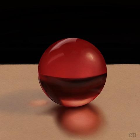 Digital study of a shiny, translucent red glass sphere sitting on a flat beige surface. The sphere's surface reflects light, creating a bright highlight near its top. There is a soft, reddish shadow and reflection under the sphere. The background is black and contrasts with the lighter foreground.