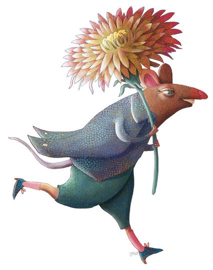 On a white background, a well-dressed mouse scurries off to somewhere important. He wears a silvery-blue suit jacket, teal trousers and bright blue shoes. Clasped in his paws, a very large orange-yellow with multiple petals.