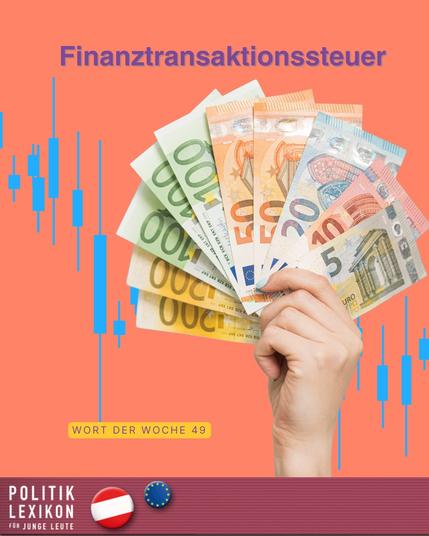 Eine Hand hält einen Fächer aus Euro-Banknoten von 5 bis 500 Euro vor einem korallenroten Hintergrund mit blauen Börsen-Kerzencharts. Oben steht der Titel „Finanztransaktionssteuer“, unten ein gelbes Label „Wort der Woche 49“ sowie ein Balken mit dem Logo „Politik Lexikon für junge Leute“ und Flaggen-Symbolen.