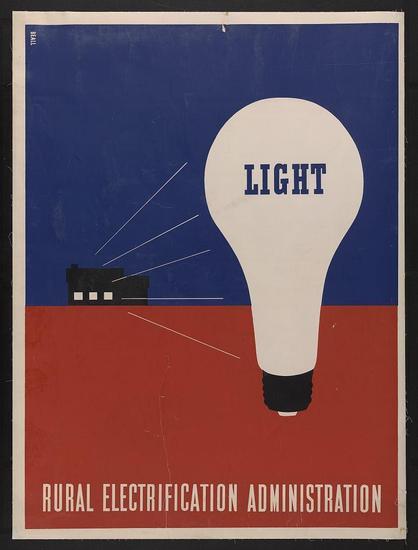 The image depicts a poster with bold, graphic design elements against contrasting background colors of blue and red. Dominating the center is an oversized white light bulb labeled "LIGHT" in large capital letters at its top section. The word appears to be floating within or over the confines of the bulb's shape.

To the left side, set into this starkly simple color scheme, stands a small silhouette representing what seems like a rural farmhouse with three windows and a chimney protruding from it. Two white lines extend outward from the house toward the light bulb, suggesting that electricity emanates from within or passes through to reach the bulb. These line extensions are angled diagonally upward as if illustrating electrical wiring leading off into space.

Beneath this central imagery runs text in capitalized but smaller font weight: "RURAL ELECTRIFICATION ADMINISTRATION". The use of capital letters and bold typeface for both 'light' within the light bulb and the administration's name creates a visual hierarchy, emphasizing these elements. The overall design is strikingly simple with clear lines, flat colors, and minimalistic detail - an emblematic style reminiscent of mid-20th-century graphic design.

The poster represents or advertises rural electrification initiatives by illustrating how electricity reaches even remote homes through the metaphorical beam from a light bulb to a distant farmhouse. The bold use of blu [...]