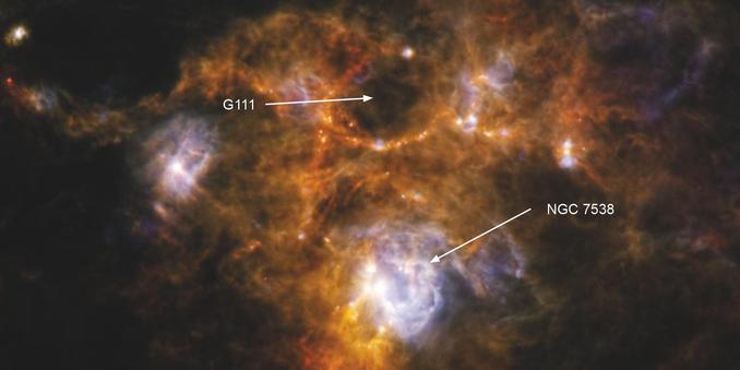 Annotated version an image taken by several instruments of the Herschel infrared mission.

The image shows a wispy, filamentary structure in orange filling around two thirds of the image, with some whiter, brighter highlights on the mid left and bottom center regions.

One arrow, labelled G111, points to the center of a ringed-shaped void in the top center of the image. A few bright white spots appear around the rim of the ring. Another arrow, labelled NGC 7538 (a star forming region), points to the bottom center near the brightest spots in the bottom of the image.

Credits: ESA/Herschel/PACS/SPIRE. Acknowledgements: Cassie Fallscheer (University of Victoria), Mike Reid (University of Toronto) and the Herschel HOBYS team.