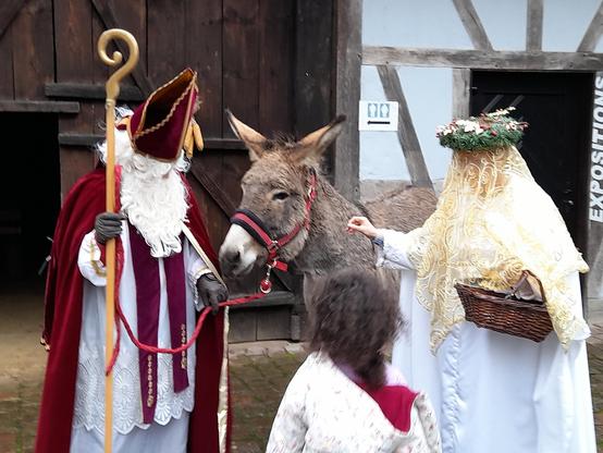 The back of a child regarding St Nicolas, an donkey and the Chrischtkindl. The actors are in costumes (more in my post before). The very kind and beautoful Donkey Chawa was the star of the day.