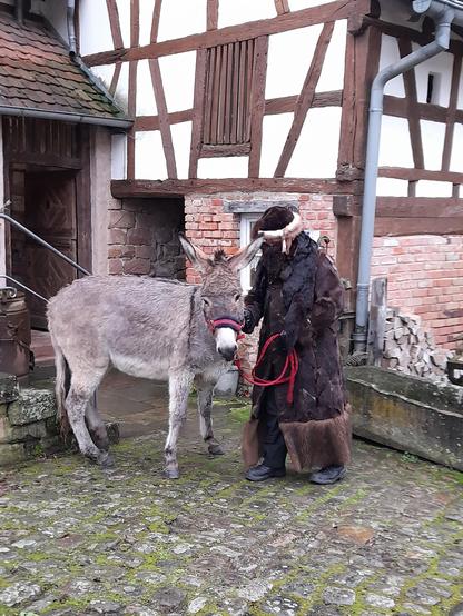 The donkey with Rüpelz (a troll-like character in fur) in front of a half-timbered barn, part of our museum.