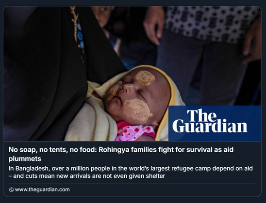 Screenshot tratto da un articolo di The Guardian, accompagnato da una fotografia che documenta la crisi umanitaria nei campi profughi Rohingya in Bangladesh. In primo piano, un neonato avvolto in un telo chiaro viene tenuto in braccio da un adulto, probabilmente un genitore o tutore. Il volto del bambino è segnato da macchie di pasta tradizionale, applicata come rimedio o protezione, e lo sguardo è rivolto verso l’obiettivo. L’adulto indossa un indumento nero con ricami blu. Sullo sfondo, sfocato, si intravede un gruppo di persone, suggerendo un ambiente affollato e comunitario. Il testo sovrapposto all’immagine riporta il titolo dell’articolo: “No soap, no tents, no food: Rohingya families fight for survival as aid plummets”, seguito da un sommario che denuncia il collasso degli aiuti umanitari nei campi di Cox’s Bazar, dove oltre un milione di rifugiati dipendono dagli aiuti internazionali.

Foto di Mirja Vogel