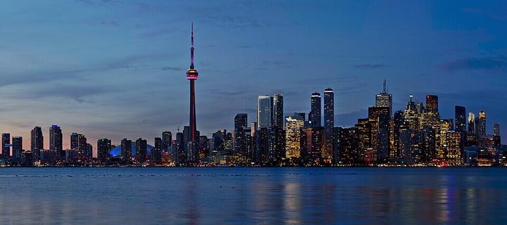 Sunset panorama of the Toronto skyline as seen from the Toronto Islands.
