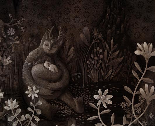 Graphite, colored pencil, watercolor washes and textures. In a limited palette of sienna, a highly textured image of a strange flowering place. Within its space, various beings sleep and dream in the foliage. (Partial Image-enlarged)