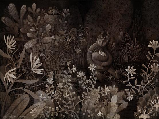 Graphite, colored pencil, watercolor washes and textures. In a limited palette of sienna, a highly textured image of a strange flowering place. Within its space, various beings sleep and dream in the foliage. (Full Image)