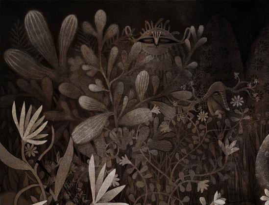 Graphite, colored pencil, watercolor washes and textures. In a limited palette of sienna, a highly textured image of a strange flowering place. Within its space, various beings sleep and dream in the foliage. (Partial Image-enlarged)
