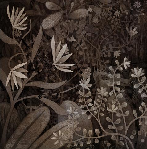 Graphite, colored pencil, watercolor washes and textures. In a limited palette of sienna, a highly textured image of a strange flowering place. Within its space, various beings sleep and dream in the foliage. (Partial Image-enlarged)