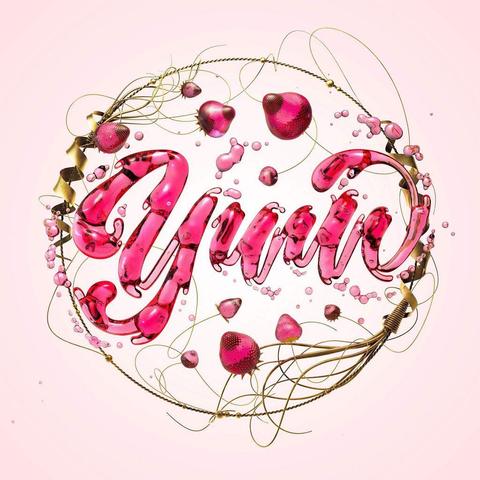 A vibrant, pink, fluid-style text spelling "Yum" surrounded by bubbles and decorative elements on a soft pink background.