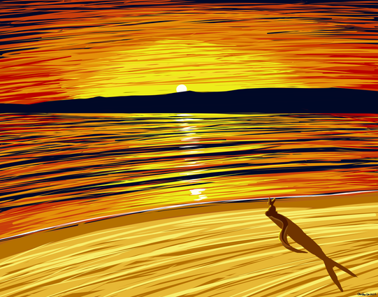 A hard edge landscape painting of a beach at sunset. The sky is a golden orange with some yellows and reds as the sun sets behind the dark mountains on the horizon. The ocean below reflects the sky above as the waves gently lap at the beach. A small tan kobold with a long tail sits along the beach facing towards the horizon. They watch the sunset as it sets behind the mountains.