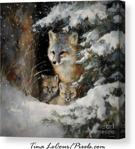 This is a canvas of a pretty female gray fox in her den with two of her kits by her side during a winter snowfall.
