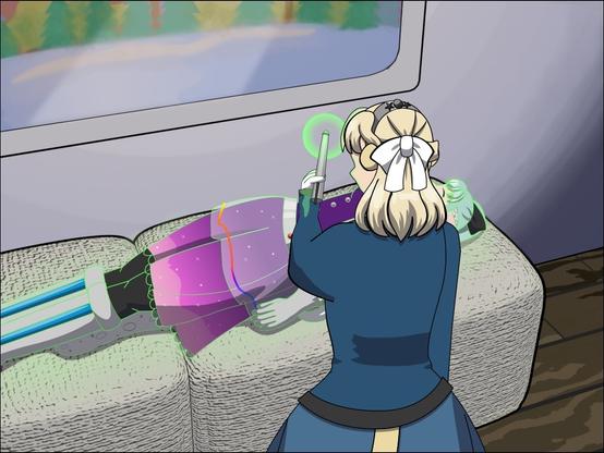 A side view of Marcia lying on a plush bench. Part of the view of her is obscured since Regina is standing in front of her, back to the camera and her left hand stretched out. Regina is holding her wand in her left hand and the gem on it is glowing green. The outlines on Marcia are also glowing green since Regina is running a diagnostic scan on her.