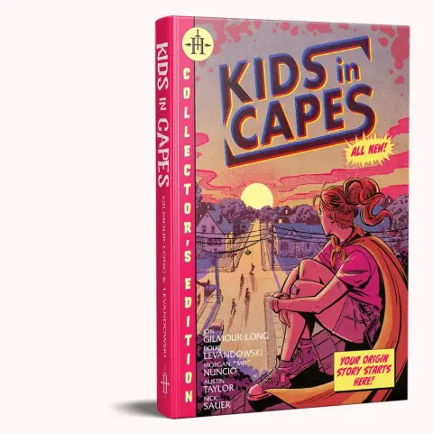 A vibrant book cover for "Kids in Capes" features a young girl with a ponytail, wearing a red cape and a pink shirt, sitting on a sidewalk. The background depicts a suburban neighborhood with houses and trees under a sunset sky. The title "KIDS in CAPES" is prominently displayed in bold, colorful letters, along with the text "COLLECTOR'S EDITION" and "YOUR ORIGIN STORY STARTS HERE!" in bright yellow.