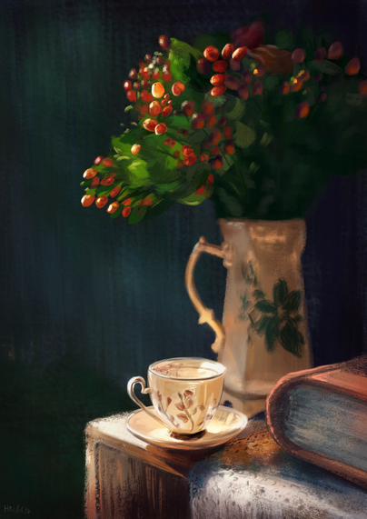 A digital painting of a still life setup, including a teacup and saucer, a porcelain jug of plants with orange berries and a large hard bound book, all sitting on the corner of a box or stand draped with a white lace cloth. A shaft of sunlight streams through the scene, lighting up the cup and the berries in a warm, bright gleam against the very dark teal background.