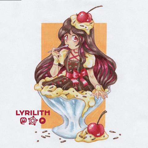 Cute manga style drawing of a girl in lolita fashion, sitting in an icecream bowl. She is wearing a brown dress with red cherries and a cream colored blouse. Her hair is long and brown, with cherry red color on the inside. On her head is some whipped cream and a cherry, almost like a hat. Around her in the bowl is more whipped cream and some chocolate sprinkles. She's holding a desert spoon and has just taken some of the cream. Around the bowl is another cherry, some cream and sprinkles. Behind her a warm yellow rectangle for contrast.