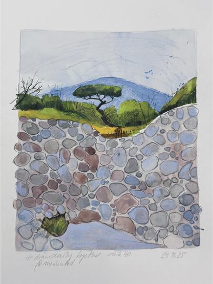 A colorful illustration depicting rolling hills with greenery and a stylized tree against a blue sky and a distant mountain. The lower part features a textured stone wall, with various pebble colors. The artwork includes handwritten notes at the bottom