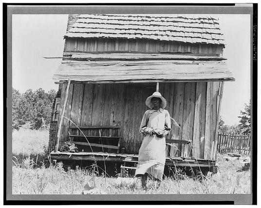 The image is a black and white photograph depicting an individual standing in front of what appears to be a dilapidated wooden cabin. The structure has weathered shingles, some of which have been stripped away or are missing entirely, revealing the underlying wood planks.

In the foreground, tall grasses sway gently around the base where the person stands. This figure is wearing traditional clothing that suggests historical context— likely indicative of rural American life in past decades. The attire includes a long dress and a wide-brimmed hat, commonly associated with protection from the sun—a necessity for those engaged in outdoor labor.

The individual's right hand seems to be holding something, which could potentially indicate work-related activity or preparation for it. Their stance is relaxed yet watchful, suggesting familiarity with their environment but also an awareness of being observed by a photographer capturing this moment.

In the background, more wooden structures and possibly farming equipment can be discerned—indicating that agriculture likely forms part of the livelihood associated with the cabin's inhabitants. The overall setting conveys a sense of rural hardship or isolation typical of early American life in certain regions such as Mississippi, aligning with historical accounts describing sharecropping communities.

The photograph exudes an aura of quiet dignity and resilience, encapsulating the spir [...]