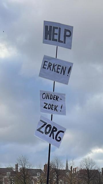 Aantal protestbordjes onder elkaar geplakt op een hardplastic staaf. Van boven naar onder staat er: "Help", "Erken!", "Onderzoek!" en "Zorg"