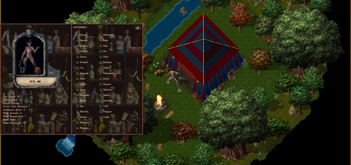 Imagem de seleção de espécies do jogo Ultima Online no servidor Ecos de Sosaria. A espécie selecionada é um Demon. Há um 'paperdoll' com a imagem de um jogador que selecionou a espécie Demon e a legenda: ''Devil Kin"'. No centro da imagem, há um personagem Devil Kin em pé, do lado de fora de uma cabana. Ao seu redor há um urso dormindo, uma fogueira, várias árvores, vegetação e um riacho.