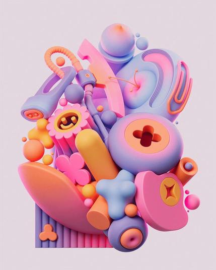 A vibrant 3D abstract composition featuring colorful shapes and forms, including spheres, flowers, and playful geometric elements.