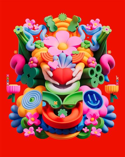 Colorful 3D floral arrangement with hands holding a heart, set against a vibrant red background, evoking joy and creativity.