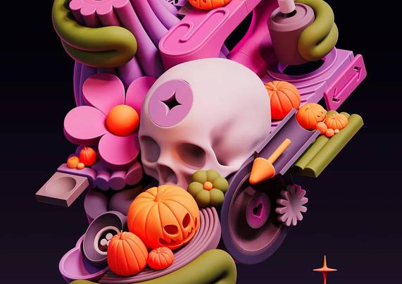 A colorful, surreal composition featuring a skull, orange pumpkins, and vibrant flowers against a dark background, blending whimsy and Halloween themes.