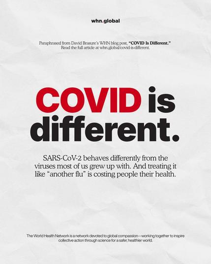 Minimalist white poster with a subtle crumpled-paper texture; small ‘whn.global’ logo centered at the top. A small intro line sits above a huge headline where ‘COVID’ is bright red and ‘is different.’ is black.
Text: ‘Paraphrased from David Brasure’s WHN blog post, “COVID Is Different.” Read the full article at whn.global/covid-is-different.
COVID is different.
SARS-CoV-2 behaves differently from the viruses most of us grew up with. And treating it like “another flu” is costing people their health.’
Footer: The World Health Network is a network devoted to global compassion—working together to inspire collective action through science for a safer, healthier world.