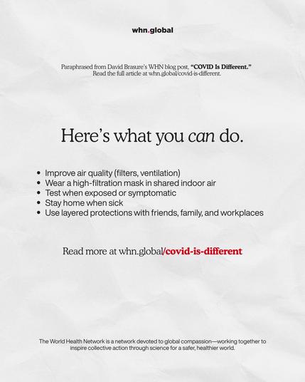 Same minimalist white, paper-texture layout with ‘whn.global’ at top. A large heading ‘Here’s what you can do.’ sits above a simple bullet list; the final URL slug ‘covid-is-different’ is in red.
Text: ‘Paraphrased from David Brasure’s WHN blog post, “COVID Is Different.” Read the full article at whn.global/covid-is-different.
Here’s what you can do.
• Improve air quality (filters, ventilation)
• Wear a high-filtration mask in shared indoor air
• Test when exposed or symptomatic
• Stay home when sick
• Use layered protections with friends, family, and workplaces
Read more at whn.global/covid-is-different’
Footer line about the World Health Network.
