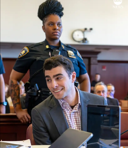 Luigi Mangione appeared in an NYC court on December 1st 2025. He's dressed in a blazer with a button down shirt with red cross pattern. He smiles confidently as he interacts with someone to his right. Several armed police stand near Luigi but most are just out of frame.