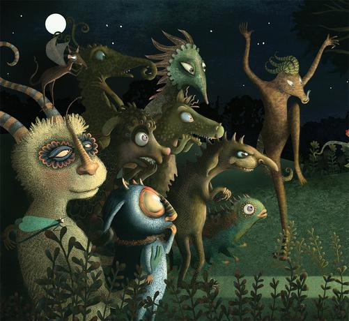 On a dark night, at the edge of a forest, a group of odd looking creatures stand before a glowing door. Some are alarmed, some are gleeful and some are just plain curious. Strange plants and flying shapes appear inside the glowing light.