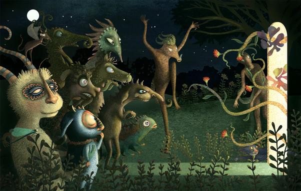 On a dark night, at the edge of a forest, a group of odd looking creatures stand before a glowing door. Some are alarmed, some are gleeful and some are just plain curious. Strange plants and flying shapes appear inside the glowing light.