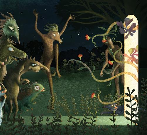 On a dark night, at the edge of a forest, a group of odd looking creatures stand before a glowing door. Some are alarmed, some are gleeful and some are just plain curious. Strange plants and flying shapes appear inside the glowing light.